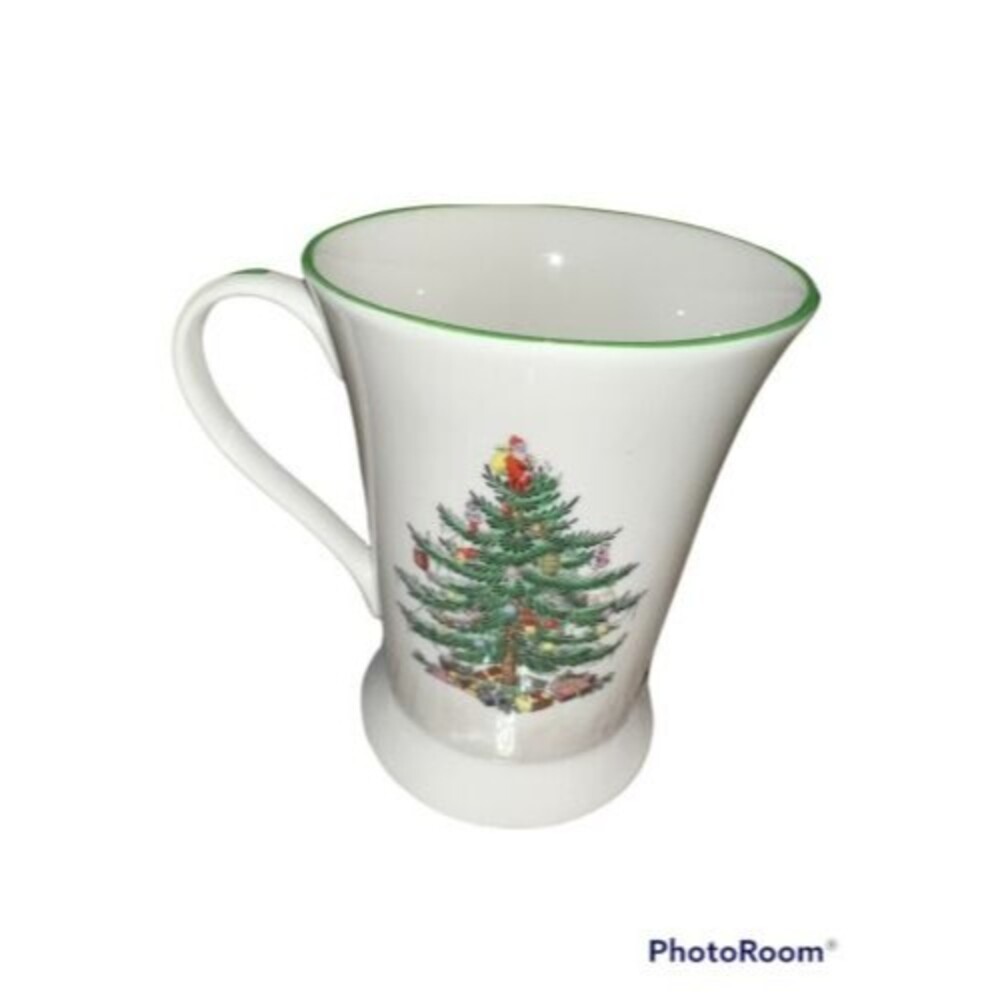 SPODE Porcelain TALL FOOTED Christmas Tree COFFEE MUG 12oz GREEN TRIM Pimpernel